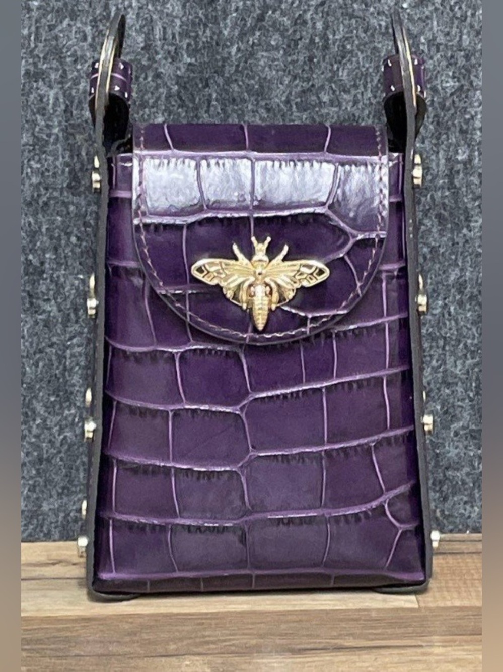 NWOT Persaman New York Purple Croc-Embossed Crossbody with Gold Bee Accent